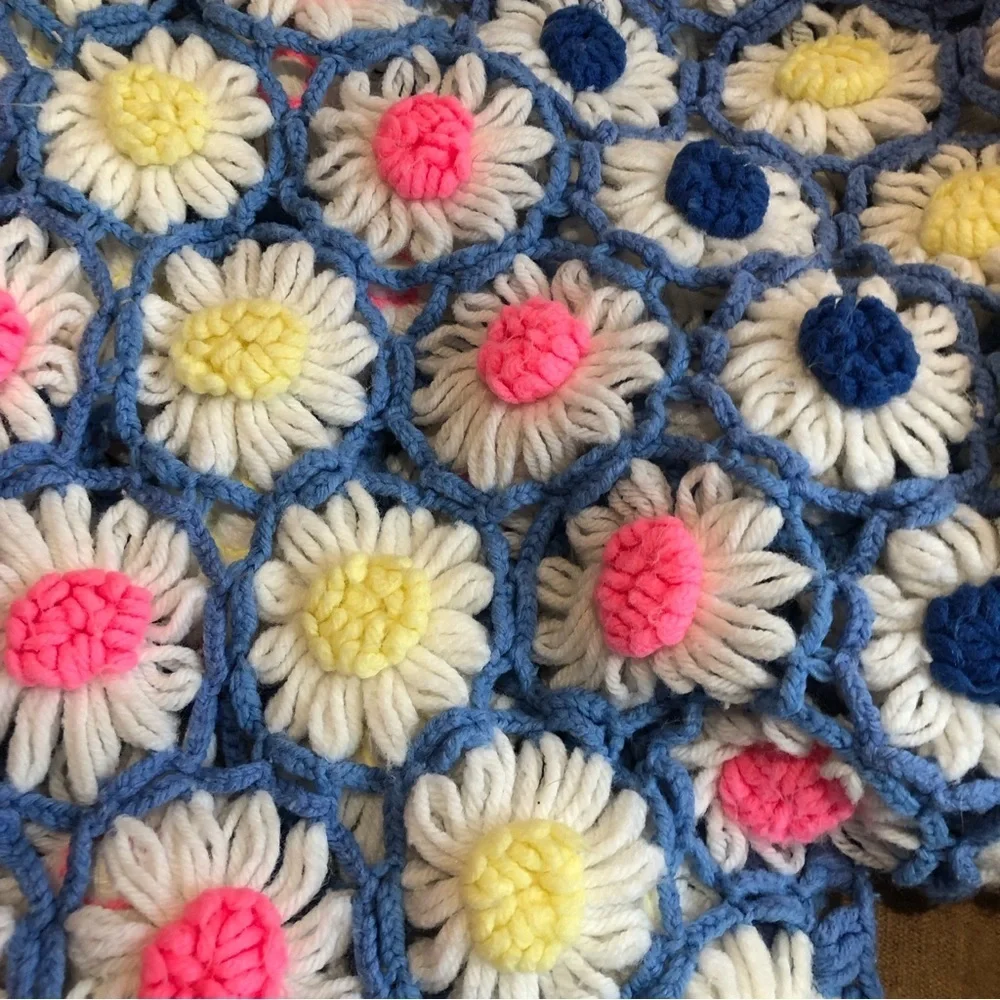 Vintage daisy granny square crochet afghan blanket throw polyester blue